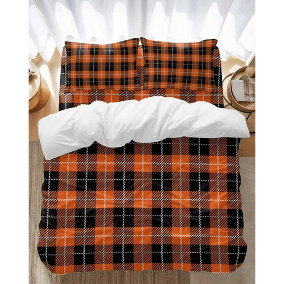 Thanksgiving Orange Bedding Duvet Cover Set Full Size 4 Pieces Black Plaid Soft Twill Plush Quilt Cover, Include 1 Duvet Cover 1 Flat Sheet And 2 Pillow