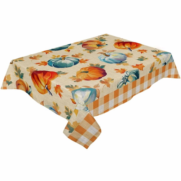 Thanksgiving Orange Blue Pumpkins Rectangle Tablecloths 60x162,Fall Maple Leaves Plaid Table Cloth Table Cover Indoor/Outdoor Tabletop Decor for Wedding Holiday Party Dinner Baby Shower