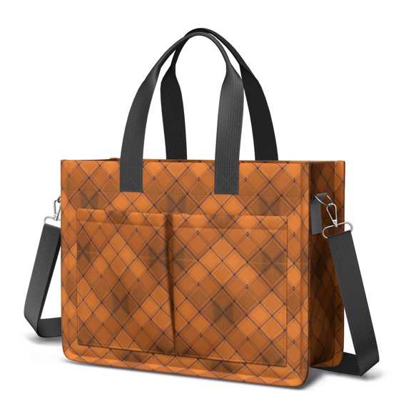 Thanksgiving Orange Diagonal Plaid Pattern Canvas Messenger Tote Bag, Teacher Tote with Multi Pockets & Removable Strap, Large Capacity Gifts for Women Men Teacher Nurse