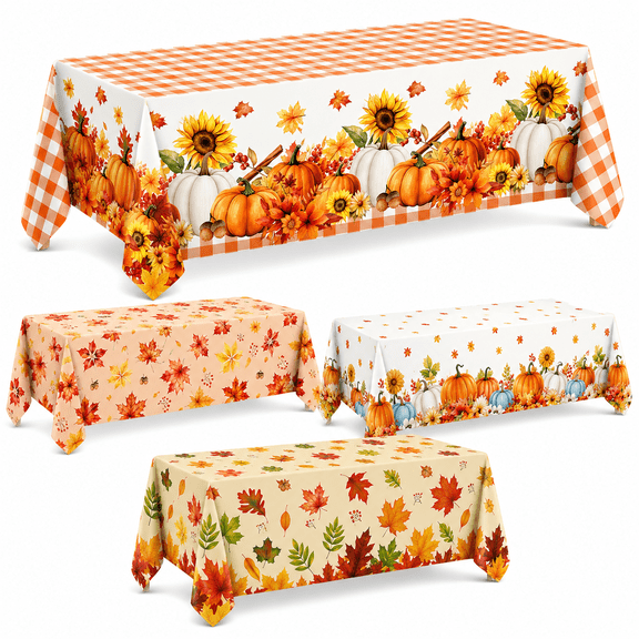 4 Pack Thanksgiving Tablecloths, 54 x 108 Inch Disposable Plastic Rectangle Table Covers, Pumpkin Maple Leaf Fall Harvest Party Decorations
