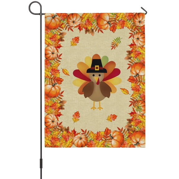Thanksgiving Orange Garden Flags For Outdoor, Turkey Pumpkin Leaf Harvest Retro Linen Small Double Side Yard Flags Weather Proof Garden Decor for Lawn Outside Holiday 12 x 18 Inches