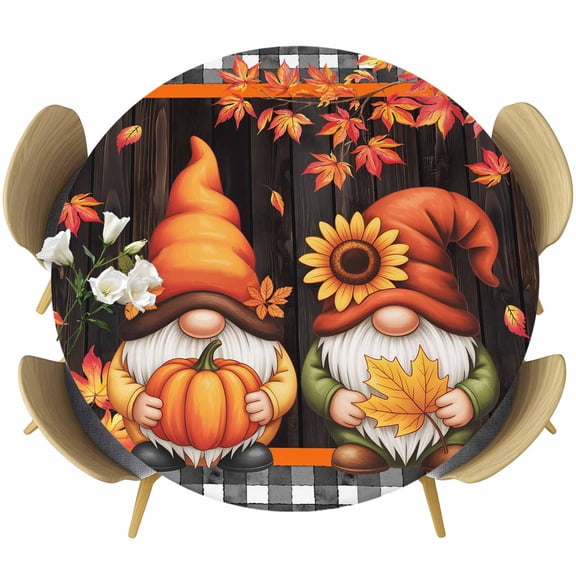 Thanksgiving Orange Gnomes Round Tablecloth 45-54 Inch Round Fitted Table Cloth with Elastic Edge, Fall Pumpkin Sunflower Maple Wooden Waterproof Table Cover Protector for Outdoor Picnic Party Dining