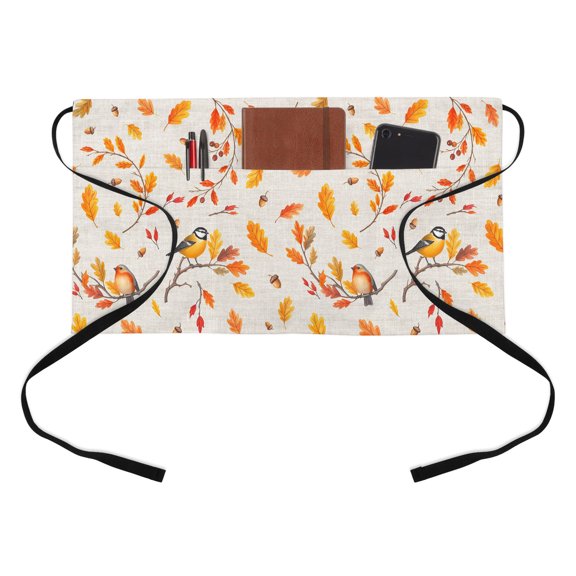Thanksgiving Orange Maple Leaf Kitchen Restaurant Half Waist Apron, Autumn Farm Orange Leaf Bird Nut Linen Server Short Apron with 3 Pockets Waterproof Oil Waist Aprons for Women Waitress Waiter