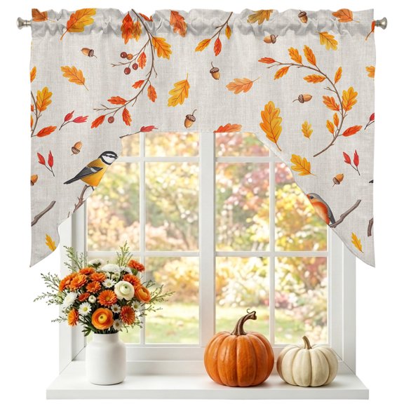 Thanksgiving Orange Maple Leaf Swag Valances for Windows 56 x 36 Inch, Autumn Farm Orange Leaf Bird Nut Linen Rod Pocket Light Filtering Window Topper for Kitchen Bathroom Bedroom Living Room