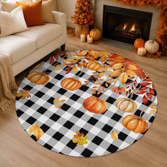 Thanksgiving Orange Pumpkin 5' Round Rugs for Lounge Area Dining Table for 4 People, Autumn Orange Brown Leaves Black And White Geek Washable Non Slip Circle Area Rug for Reading Nook