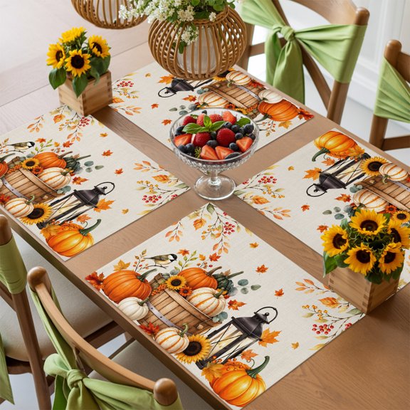 Thanksgiving Orange Pumpkin Barrel Fall Maple Leaf Placemats Set of 4,Wipeable Washable Table Mats for Dining Tables, Retro Linen Place Mats for Kitchen Event Party Tabletop Decor