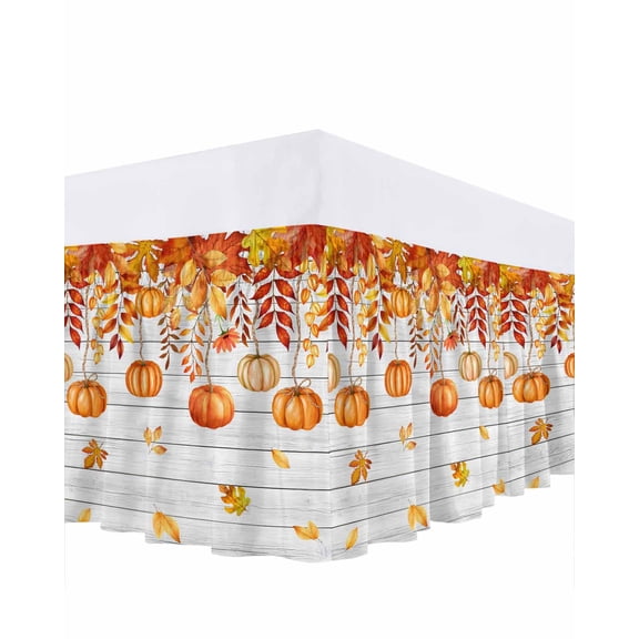 Thanksgiving Orange Pumpkin Bed Skirt California King Size 16in Drop, Autumn Orange Brown Maple Leaf Wood Wrap Around Dust Ruffle Bedskirts, Wrinkle&Fade Resistant Easy Fit Bedskirt with Elastic