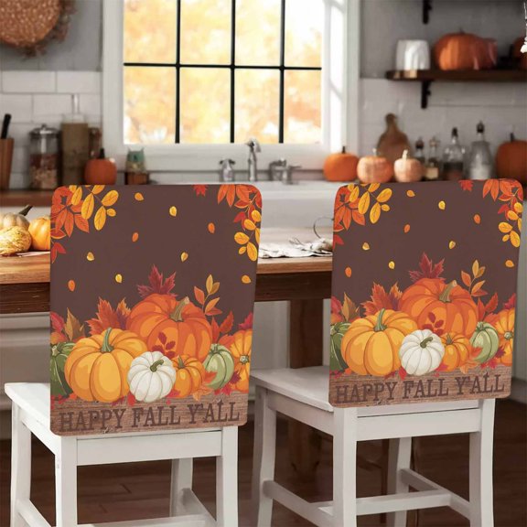 Thanksgiving Orange Pumpkin Chair Covers Set of 1 Happy Fall Y'all Leaves Brown Chair Back Covers Stretch Removable Washable Slipcovers Protector for Dining Room Kitchen Party Decor