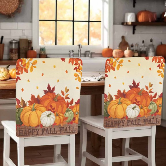 Thanksgiving Orange Pumpkin Chair Covers Set of 1 Happy Fall Y'all Leaves Gradient Chair Back Covers Stretch Removable Washable Slipcovers Protector for Dining Room Kitchen Party Decor