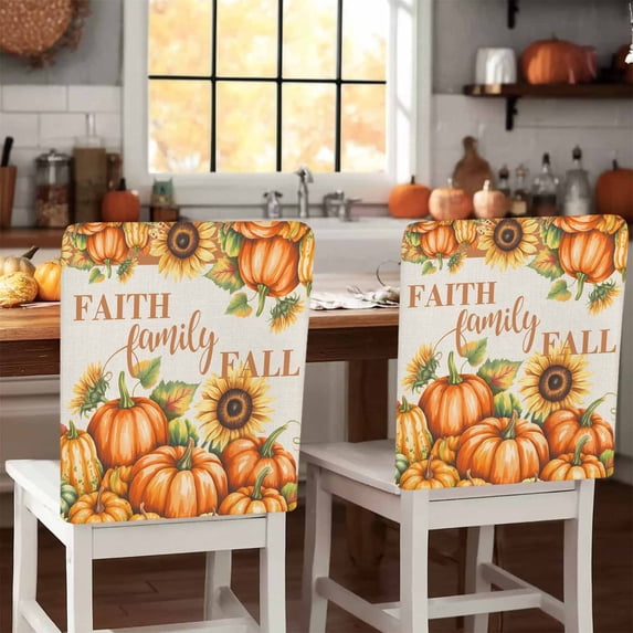 Thanksgiving Orange Pumpkin Chair Covers Set of 8 Faith Family Fall Sunflower Vintage Chair Back Covers Stretch Removable Washable Slipcovers Protector for Dining Room Kitchen Party Decor
