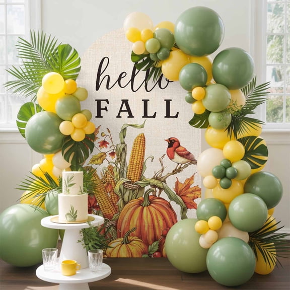 Thanksgiving Orange Pumpkin Fall Maple Leaves Arch Backdrop Cover Stretchy Spandex Arch Cover 6ft, Farm Corn Retro Linen Round Top Chiara Stand Covers for Wedding Birthday Party Ceremony Banquet
