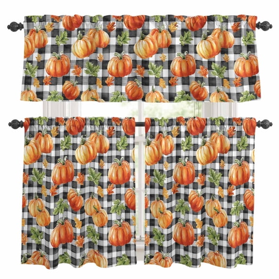 Thanksgiving Orange Pumpkin Kitchen Curtains Sets for Windows 24 Inch Length, Fall Autumn Leaves Farmhouse Check Rod Pocket Window Treatments Tier Curtains and Valances Set for Bedroom/Bathroom