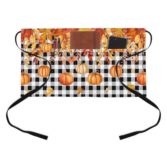 Thanksgiving Orange Pumpkin Kitchen Restaurant Half Waist Apron, Autumn Orange Brown Leaves Black And White Geek Server Short Apron with 3 Pockets Waterproof Oil Waist Aprons for Women Waiter