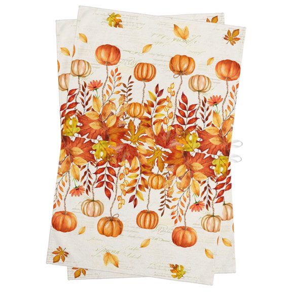 Thanksgiving Orange Pumpkin Kitchen Towels Dish Towel Pack of 2 Autumn Orange Brown Maple Leaves Text Texture Soft Dish Cloth Set Absorbent Dishcloth for Drying Dishes, Hand Towels 18 x 28 Inches