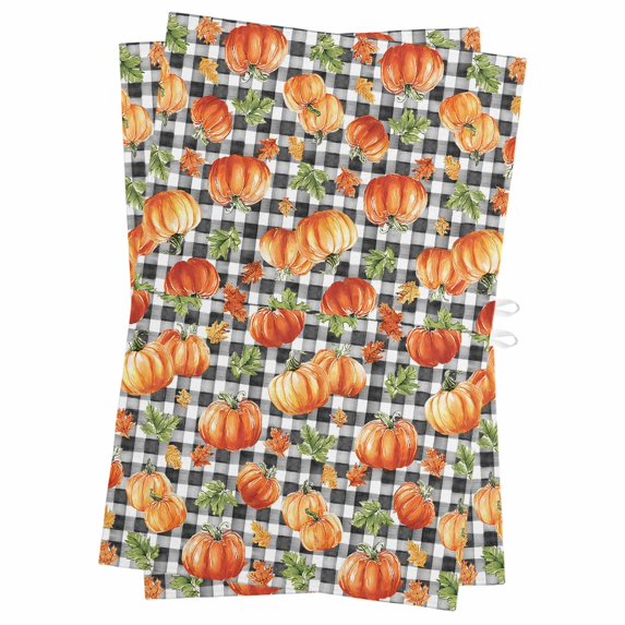 Thanksgiving Orange Pumpkin Kitchen Towels Set of 2, Water Absorbent Dish Towel, Fall Autumn Leaves Farmhouse Check Decorative Hand Towels - Quick Drying Cloth for Cooking Baking, 18x28 Inch