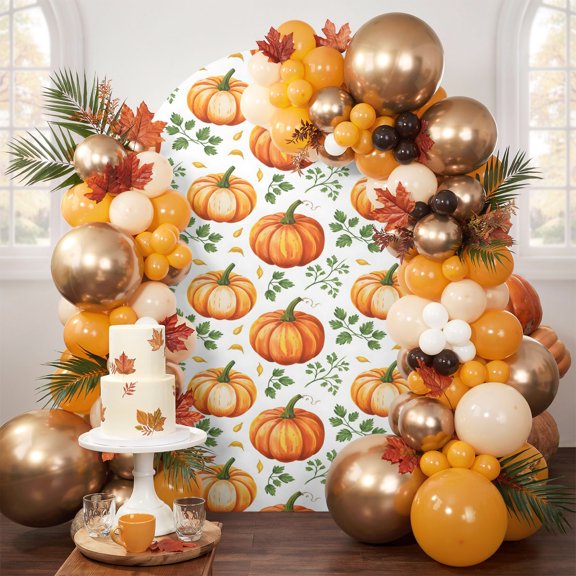 Thanksgiving Orange Pumpkin Leaves Arch Backdrop Cover Spandex Fitted Arch Cover 6.6FT,Arches Backdrop Stand Covers for Wedding Birthday Party Ceremony Banquet Decoration Fall Farm Harvest
