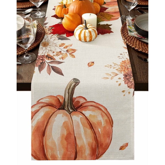 Thanksgiving Orange Pumpkin on Linen Table Runner-36 Inch Long Autumn Plant Table Runners Linen Burlap Tablerunner for Kitchen Dining Room Holiday Party