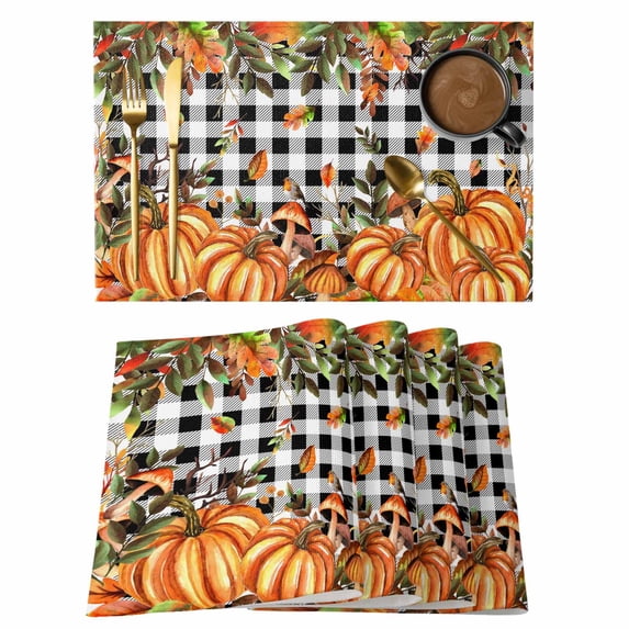 Thanksgiving Orange Pumpkin Placemats Set of 1, Fall Mushroom Leaf Non-Slip Place Mats Washable Table Mats for Kitchen Dining Table Decorations Indoor/Outdoor