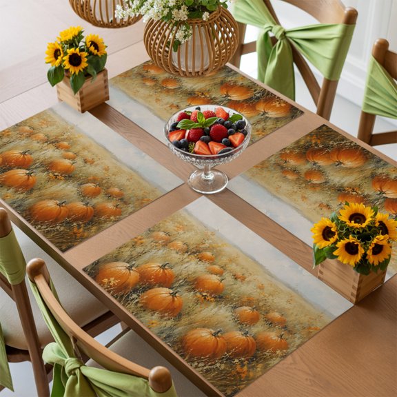 Thanksgiving Orange Pumpkin Placemats Set of 4,Wipeable Washable Table Mats for Dining Tables, Country Autumn Field Theme Place Mats for Kitchen Event Party Tabletop Decor