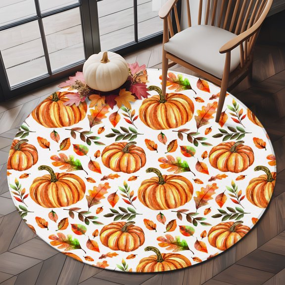 Thanksgiving Orange Pumpkin Seamless Round Area Rug 5ft,Living Room Rug Non-Slip Washable Circle Rugs Pad,Fallen Leaves Soft Floor Carpet for Bedroom Dining Room