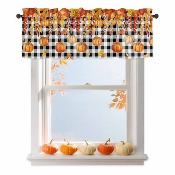 Thanksgiving Orange Pumpkin Valances for Windows, 42 x 18in, Autumn Orange Brown Leaf Black And White Geek Rod Pocket Kitchen Valance Curtain Light Filtering Window Treatments for Living Room Bedroom