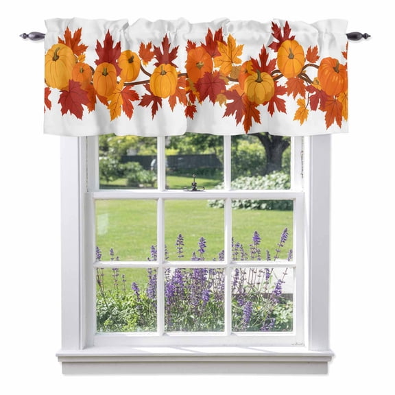 Thanksgiving Orange Pumpkin Valances for Windows, Fall Maple Leaf Autumn Valance Window Treatment Rod Pocket Short Curtains Valances for Kitchen Bathroom 42"W x 12"L
