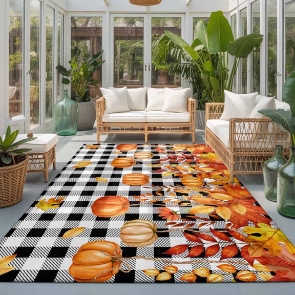 Thanksgiving Orange Pumpkin Washable Living Room Rugs 6'x9', Autumn Orange Brown Leaves Black And White Geek Washable Throw Large Area Rug Non-Slip Sturdy Edge Binding Carpet for Dining Room Kitchen