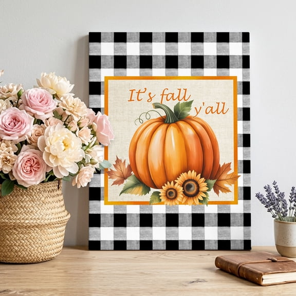 Thanksgiving Orange Pumpkins Canvas Wall Art for Living Room, It 's Fall Y'all Sunflower Black Plaid Maple Leaf Poster Print Painting for Bedroom Home Decor Wall Pictures Prepare To Hang 8"x10"