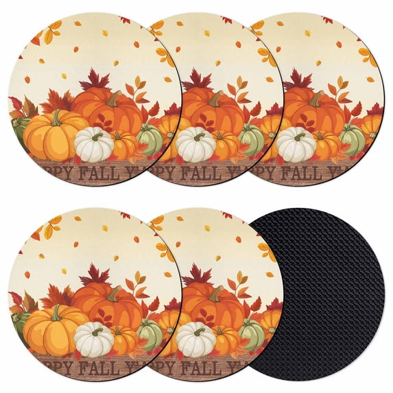 Thanksgiving Orange Pumpkins Coasters Set of 6, Absorbent Coasters for Drinks, Fall Leaves Autumn Rustic Coaster for Desk Coffee Table Protection, Home Decor House Warming Gifts 4"
