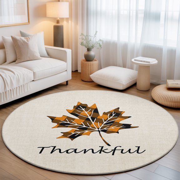 Thanksgiving Orange Round Living Room Rugs 6 ft, Plaid Texture Maple Leaves Washable Area Rug with Non-Slip Sturdy Edge Binding Round Carpet for Kitchen Office Bedroom