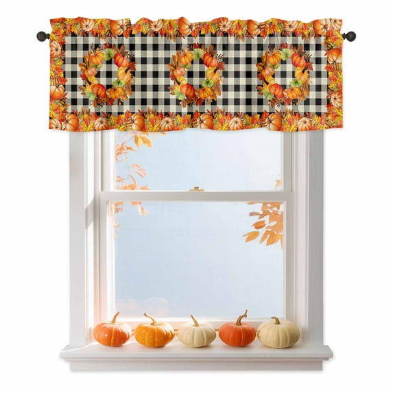 Thanksgiving Orange Valances for Windows, 42 x 18in, Pumpkin Maple Leaf Harvest Retro Plaid Rod Pocket Kitchen Valance Curtain Light Filtering Window Treatments for Living Room Bedroom, 1 Panel