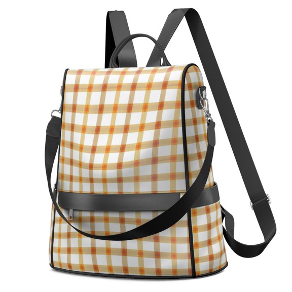 Thanksgiving Orange White Gingham Pattern Fashion Backpack, Convertible Shoulder Bag with Side Bottle Pockets & Convertible Strap, Large Capacity Gifts for Women Casual Use