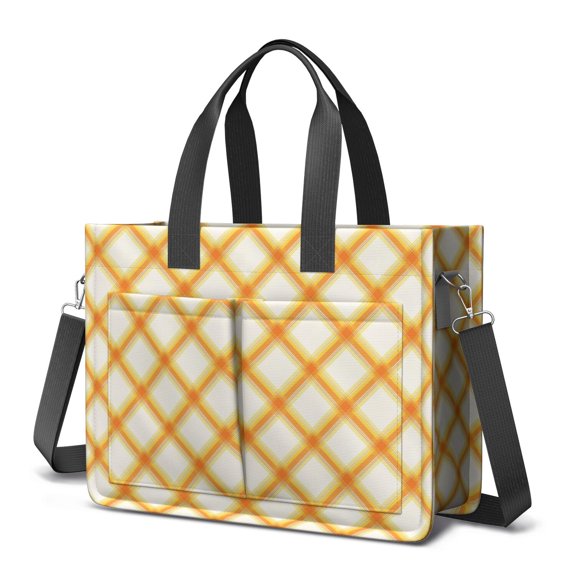 Thanksgiving Orange Yellow Diagonal Plaid Canvas Messenger Tote Bag, Nurse Handbag with Multi Pockets & Removable Strap, Large Capacity Gifts for Birthday Christmas Thanksgiving