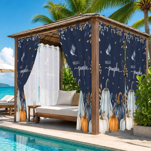 Thanksgiving Outdoor Curtains for Patio, Fall White Blue Pumpkin Gold Leaf Navy Backdop Waterproof Outside Curtains Privacy Blackout Curtain for Porch Pergola Cabana, 2 Panel 54W x 108L Inch