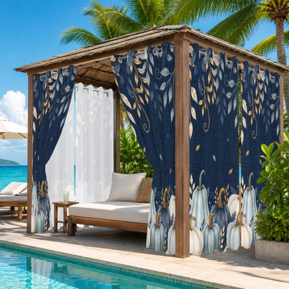 Thanksgiving Outdoor Curtains for Patio, Fall White Blue Pumpkin Gold Leaf Rustic Navy Blue Waterproof Outside Curtains Privacy Blackout Curtain for Porch Pergola Cabana, 1 Panel 54W x 108L Inch
