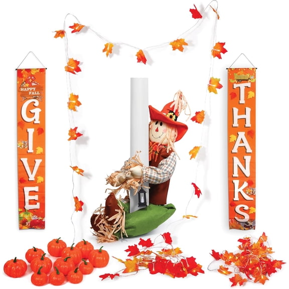 Thanksgiving Outdoor Decorations, Includes - Tree Hugging Scarecrow & Lantern 2 “GIVE THANKS” Porch Sign Welcome Banner, Maple Leaf String Lights 40 Ft 80 LED Fall Leaves Garland, 12 Assorted Pumpkins