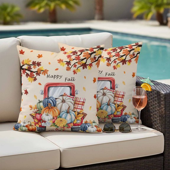 Thanksgiving Outdoor Pillow Covers 16x16 Inch Throw Pillow Covers Set of 2 Waterproof Decorative Pillow Cases Maple Leaf Pumpkin Truck Happy Fall Cushion Covers for Patio Furniture Garden Couch Sofa