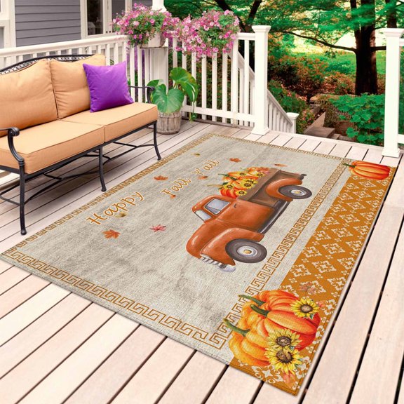 Thanksgiving Outdoor Rug 4x6 Ft, Non Slip Washable Area Rug, Boho Fall Orange Pumpkin Truck Sunflowers Patio Rugs Carpet Runner, Large Floor Mat for Indoor/Outdoor Deck Porch Camping