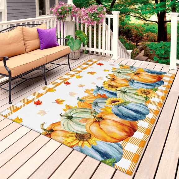 Thanksgiving Outdoor Rug 4x6 Ft, Non Slip Washable Area Rug, Fall Orange Blue Pumpkin Maple Leaves Plaid Patio Rugs Carpet Runner, Large Floor Mat for Indoor/Outdoor Deck Porch Camping