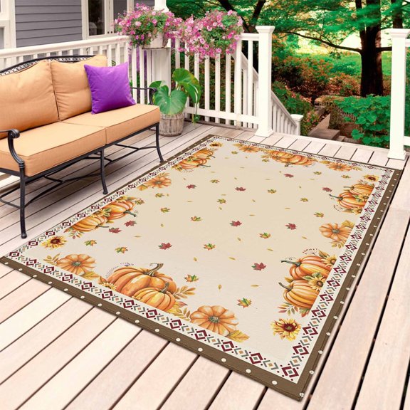 Thanksgiving Outdoor Rug 4x6 Ft, Non Slip Washable Area Rug, Orange Pumpkin Fall Sunflower Leaf Southwest Patio Rugs Carpet Runner, Large Floor Mat for Indoor/Outdoor Deck Porch Camping