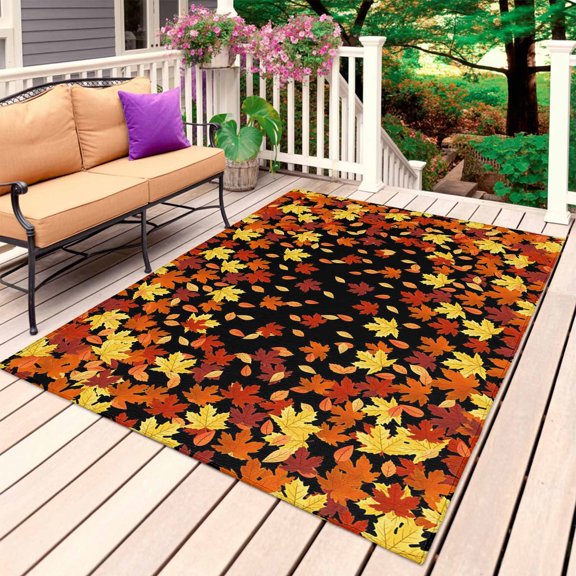 Thanksgiving Outdoor Rug 4x6 Ft, Non Slip Washable Area Rug, Orange Yellow Black Maple Falling Leaf Patio Rugs Carpet Runner, Large Floor Mat for Indoor/Outdoor Deck Porch Camping