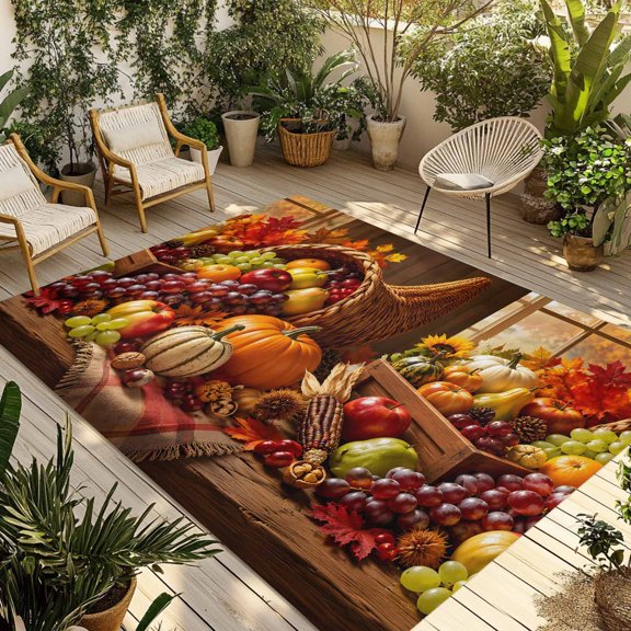 Thanksgiving Outdoor Rug, Countryside Harvest Pumpkin Grapes Plums Rustic Non-Slip Area Rugs Carpet Breathable Large Floor Mat for Outdoors Patio Porch Deck Beach 3’ x 5’