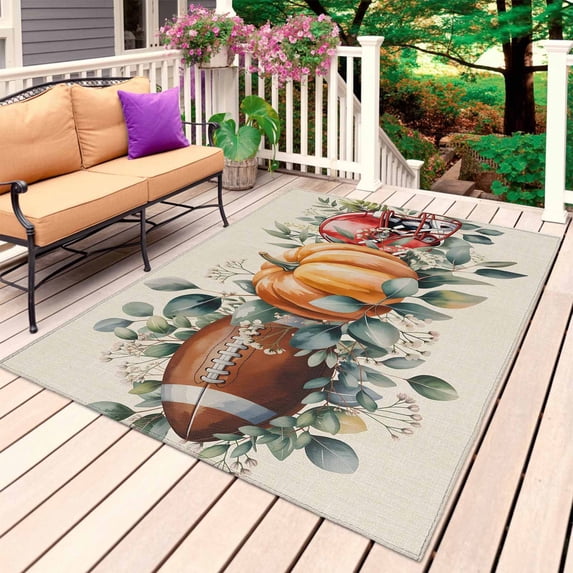Thanksgiving Outdoor Rug for Patio/Deck/Porch, Non-Slip Large Area Rug 5 x 7 Ft, Fall Pumpkin Football Helmet Eucalyptus Indoor Outdoor Rugs Washable Area Rugs, Reversible Camping Rug Carpet Runner