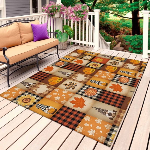 Thanksgiving Outdoor Rug for Patio/Deck/Porch, Non-Slip Large Area Rug 5 x 8 Ft, Fall Pumpkin Maple Leaf Turkey Plaid Gnomes Indoor Outdoor Rugs Washable Area Rugs, Camping Rug Carpet Runner