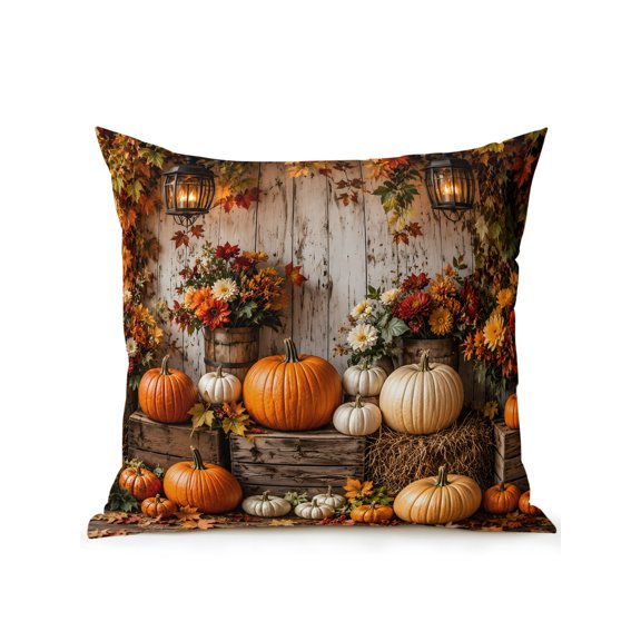Thanksgiving Outdoor Throw Pillow with Insert, 16"x16" Orange White Pumpkins Wooden Crates Vintage Lanterns Waterproof Decorative Square Patio Pillows for Outside Furniture, Sofa, Porch, Garden