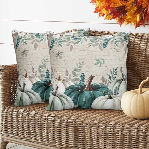 Thanksgiving Outdoor Waterproof Pillow Covers Set of 2, Rustic Fall Green White Pumpkin Leaf Script Letter Pillowcase Decorative Throw Cushion Cases for Patio Garden Couch 16 x 16 Inches