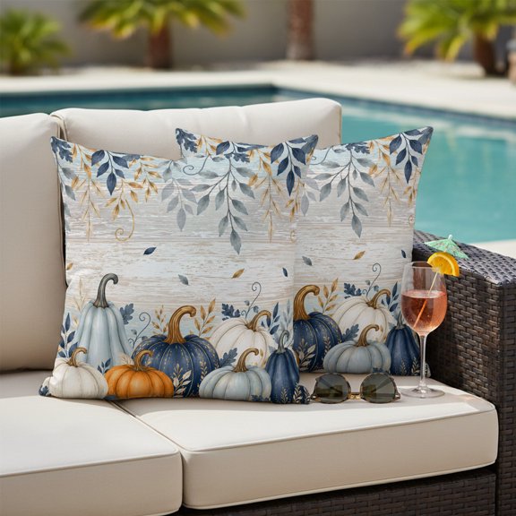 Thanksgiving Outdoor Waterproof Throw Pillow Covers Set of 2, 16"x16", Fall Deep Navy White Blue Pumpkin Leaf Wooden Decorative Pillow Covers Outside Cushion Case for Patio Porch Garden