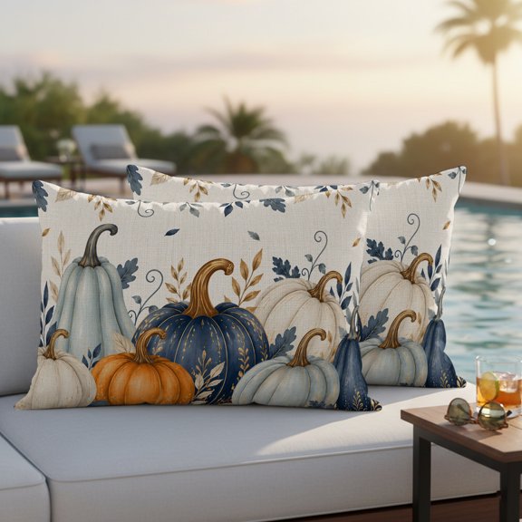 Thanksgiving Outdoor Waterproof Throw Pillow Covers Set of 2, 20"x12", Fall Deep Navy White Blue Pumpkin Leaf Linen Texture Decorative Pillow Covers Outside Cushion Case for Patio Porch Garden