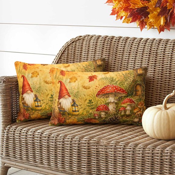 Thanksgiving Outdoor Waterproof Throw Pillow Covers Set of 2, 20"x12", Forest Gnome Toadstool Mushrooms Tree Hollow Rustic Decorative Pillow Covers Outside Cushion Case for Patio Porch Garden