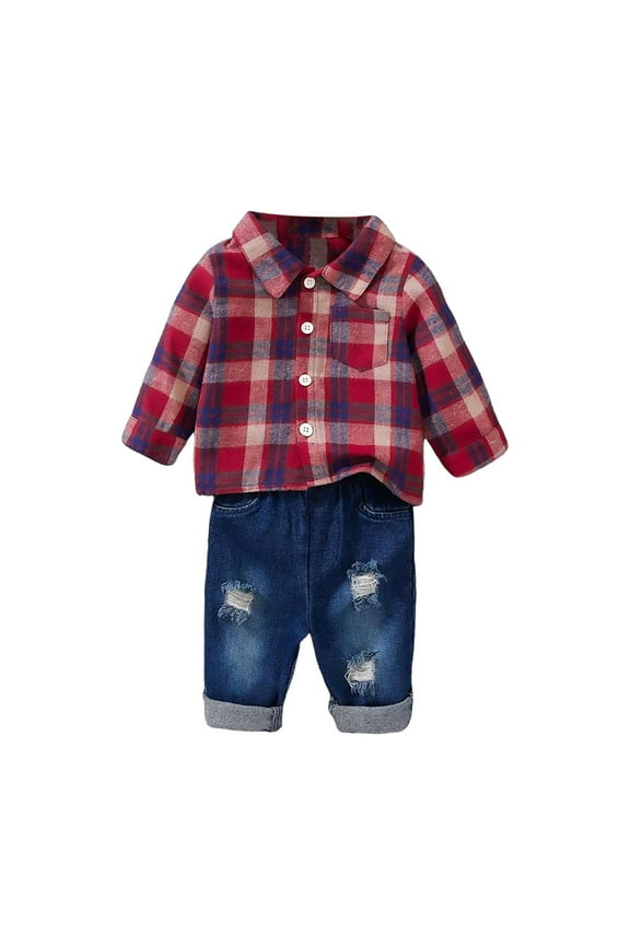 Thanksgiving Outfit Toddler Boy 1 Year Old Boy Clothes Toddler Baby Boys Clothes Flannel Button Down Shirts Jackets +Jeans Boys Fall Winter Outfits Red 2-3 Years